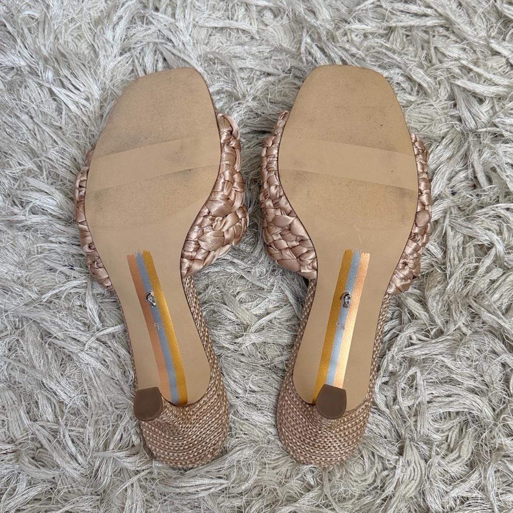 Sam Edelman Paisley Satin Logo Kitten Heel Mule Sandals in Ecru Ribbon Sz 9.5 - Picture 10 of 12